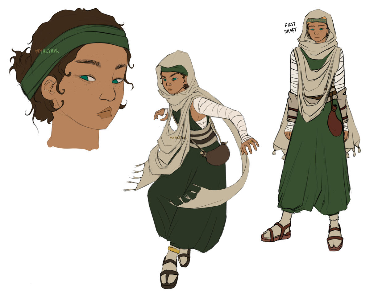 "Arid, the Wanderer" - March 2024 ➜ Wanting to create an appealing, practical outfit for a desert nomad, I've included functional features like baggy garments, protected skin, and a head scarf for travelling through unforgiving heat.